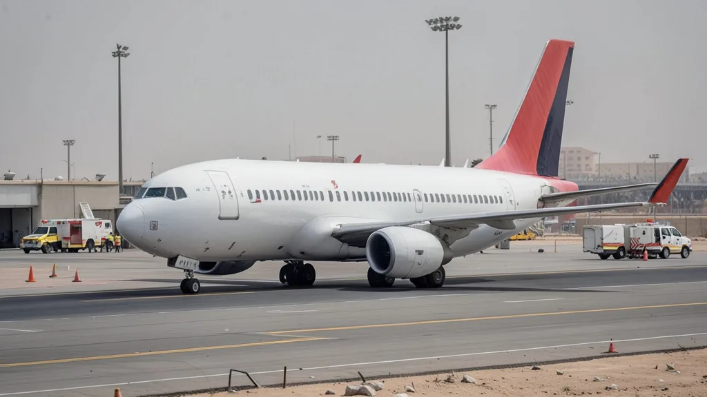 Imagem gerada por IA: Avião comercial parado em uma pista de aeroporto regional, com veículos de apoio ao fundo.
