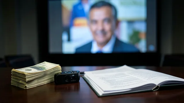 Imagem gerada por IA: Dinheiro em espécie, gravador e documentos sobre uma mesa, com uma tela de cinema ao fundo.