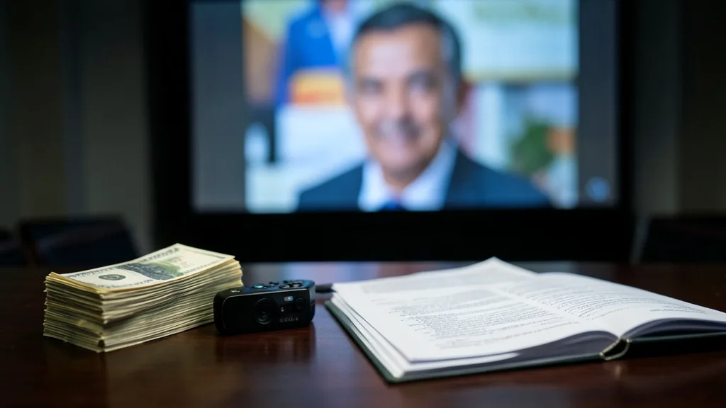 Imagem gerada por IA: Dinheiro em espécie, gravador e documentos sobre uma mesa, com uma tela de cinema ao fundo.