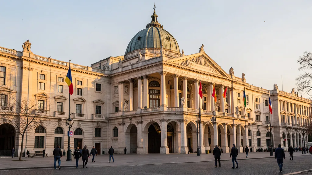 Imagem gerada por IA: Fachada do Parlamento espanhol em Madri, com pedestres caminhando em frente ao edifício.