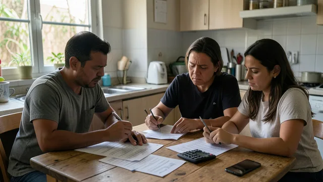 Imagem gerada por IA: Família brasileira analisa contas e orçamento à mesa de casa.
