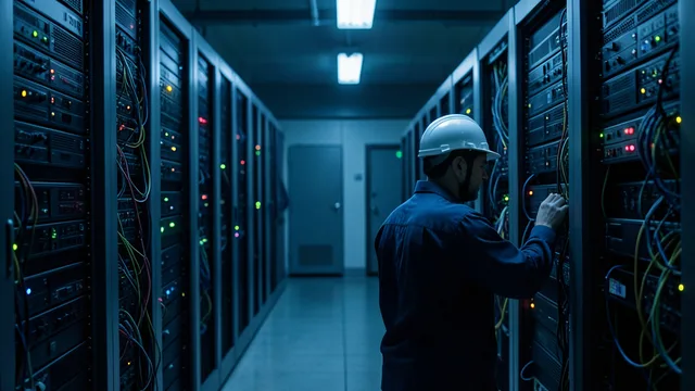 Imagem gerada por IA: Racks de servidores em um centro de dados, com algumas luzes apagadas.