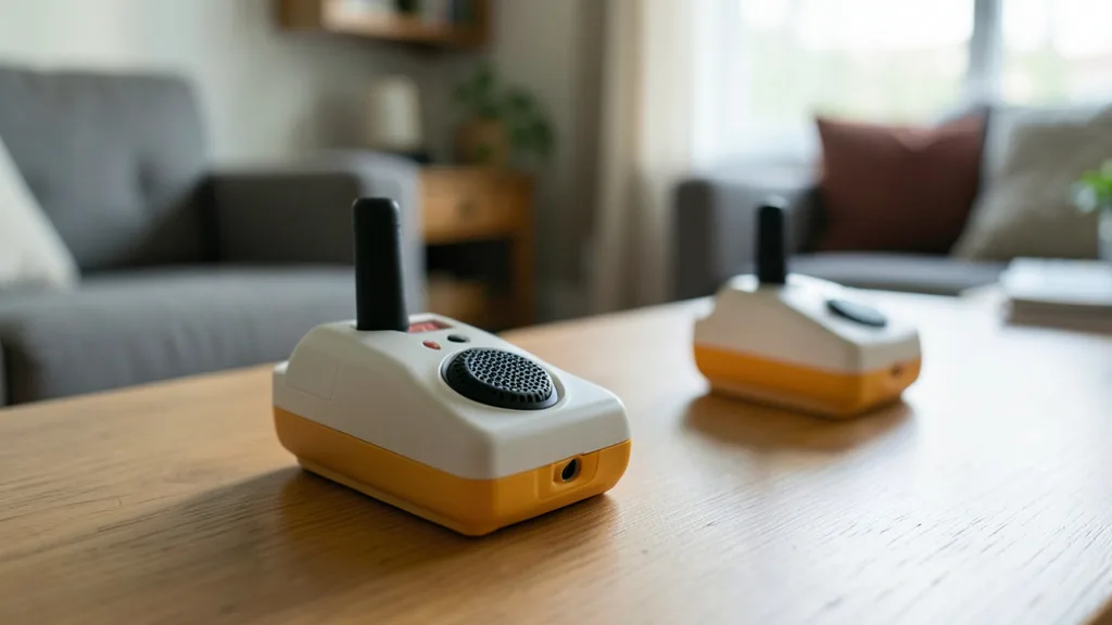 Imagem gerada por IA: Dois walkie-talkies de brinquedo em uma sala de estar
