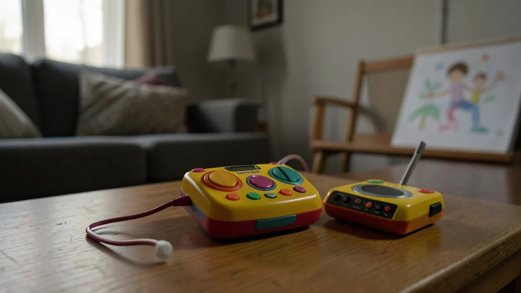Imagem gerada por IA: Dois rádios comunicadores de brinquedo sobre uma mesa em uma sala de estar.