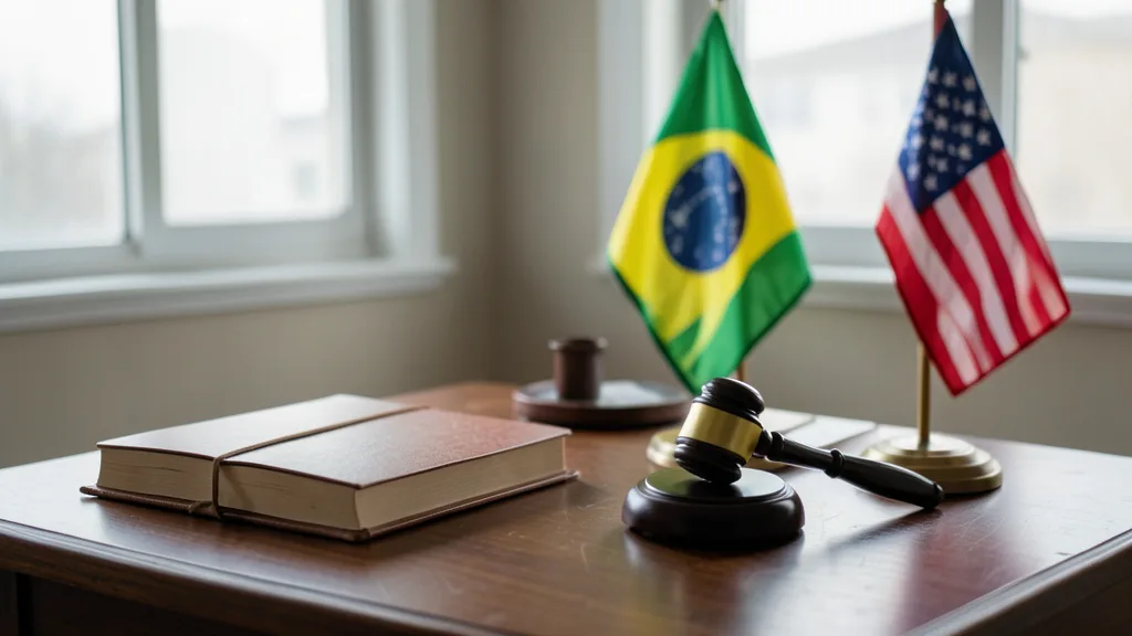 Imagem gerada por IA: Livro jurídico e martelo de juiz em uma mesa, com pequenas bandeiras do Brasil e dos Estados Unidos ao fundo.