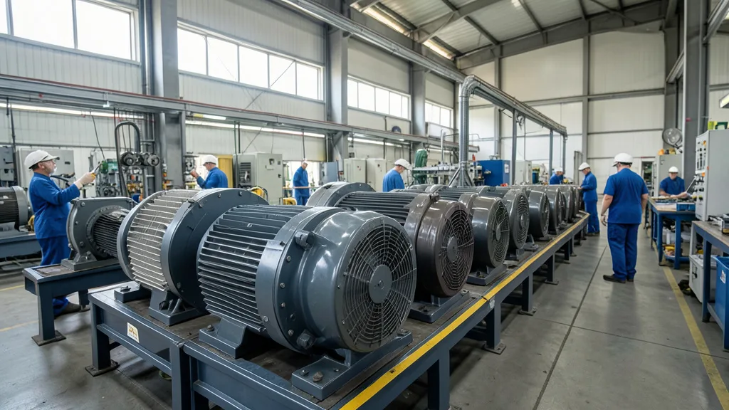 Imagem gerada por IA: Motores elétricos e equipamentos de energia em uma linha de montagem industrial.