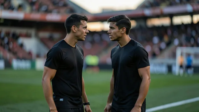 Imagem gerada por IA: Dois jovens jogadores conversam à beira do campo em um estádio de futebol.