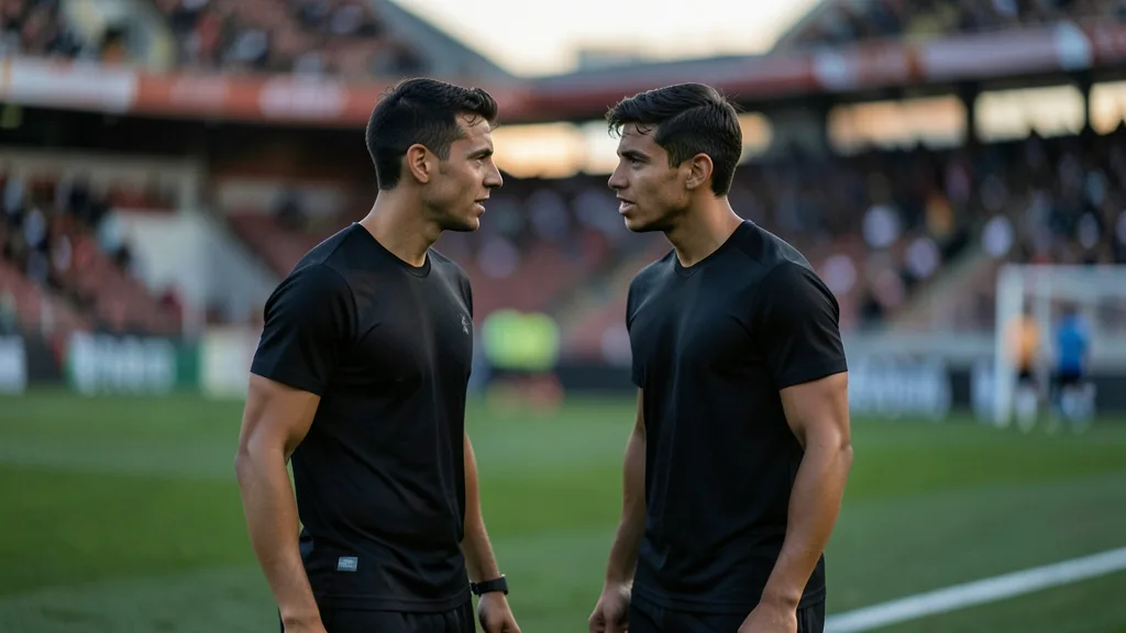 Imagem gerada por IA: Dois jovens jogadores conversam à beira do campo em um estádio de futebol.