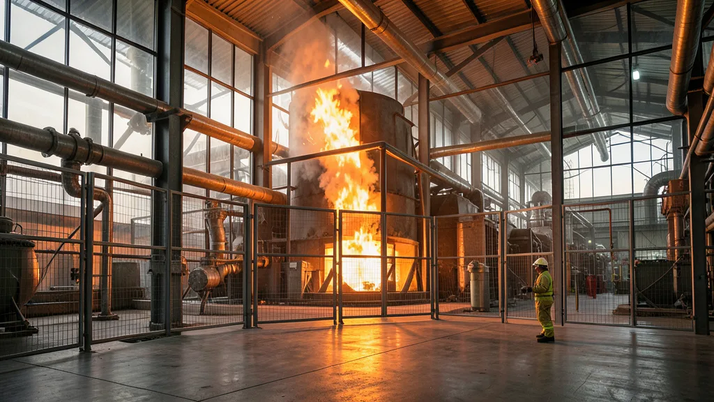 Imagem gerada por IA: Forno industrial de uma fábrica de vidro, com tubulações de gás ao redor.