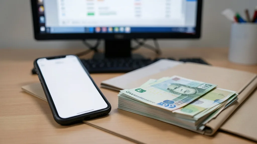 Imagem gerada por IA: Celular com interface genérica de apostas ao lado de dinheiro e uma pasta de documentos.