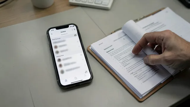 Imagem gerada por IA: Celular com resultados de busca desfocados ao lado de documentos jurídicos.