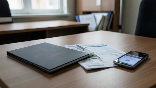 Imagem gerada por IA: Pasta fechada, documentos de viagem virados para baixo e celular sobre uma mesa de escritório.