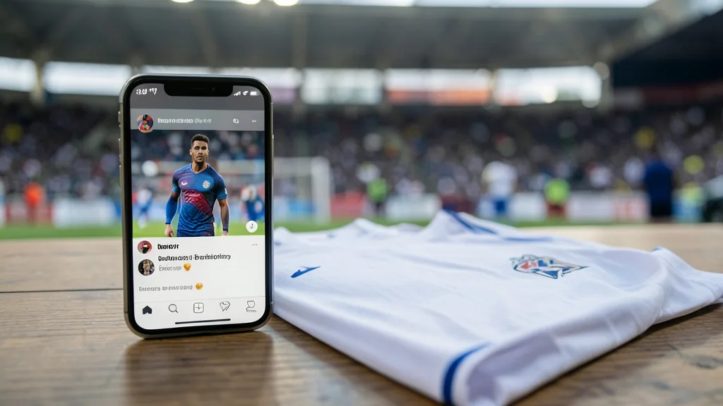 Imagem gerada por IA: Celular com vídeo indistinto ao lado de uma camisa de futebol, com estádio desfocado ao fundo.