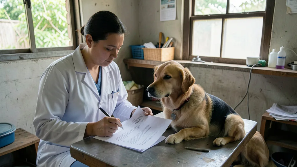 Imagem gerada por IA: Veterinário analisa uma carta ao lado de um cão e um gato em uma clínica.