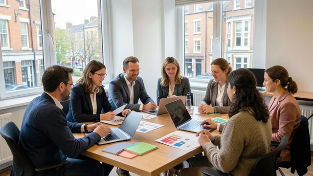 Imagem gerada por IA: Equipe de uma agência de publicidade reunida em um escritório moderno.