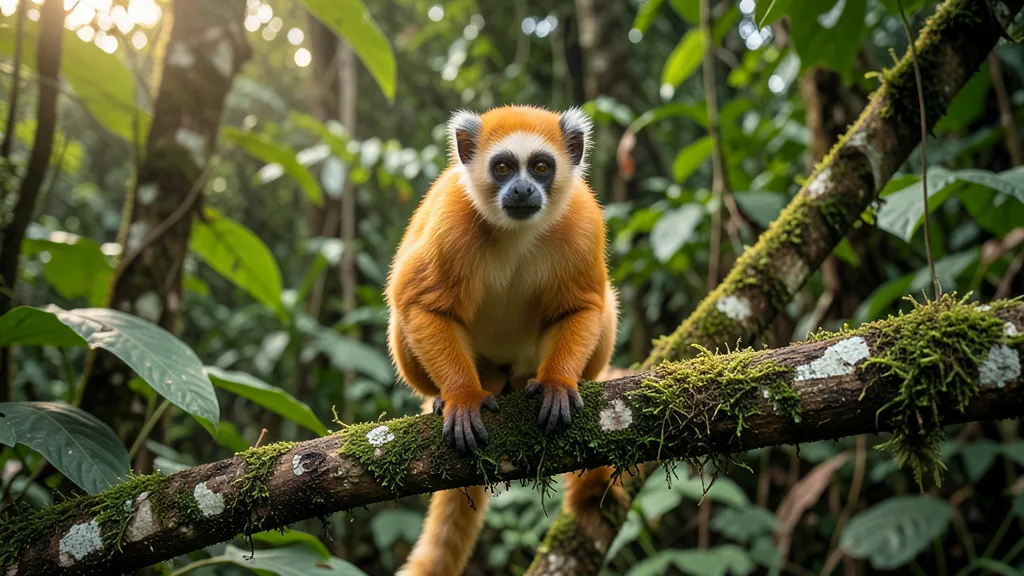 Imagem gerada por IA: Mico-leão-dourado em um galho na Mata Atlântica.