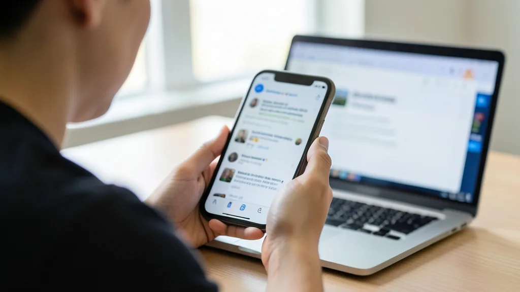 Imagem gerada por IA: Pessoa consulta uma rede social no celular diante de um computador, em uma cena relacionada à desinformação eleitoral.