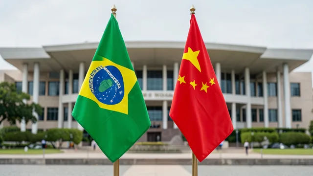 Imagem gerada por IA: Bandeiras do Brasil e da China diante de um edifício governamental, com o Congresso ao fundo.