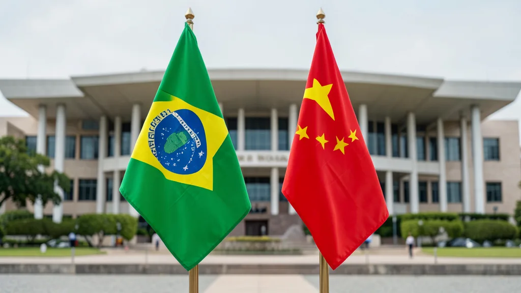 Imagem gerada por IA: Bandeiras do Brasil e da China diante de um edifício governamental, com o Congresso ao fundo.