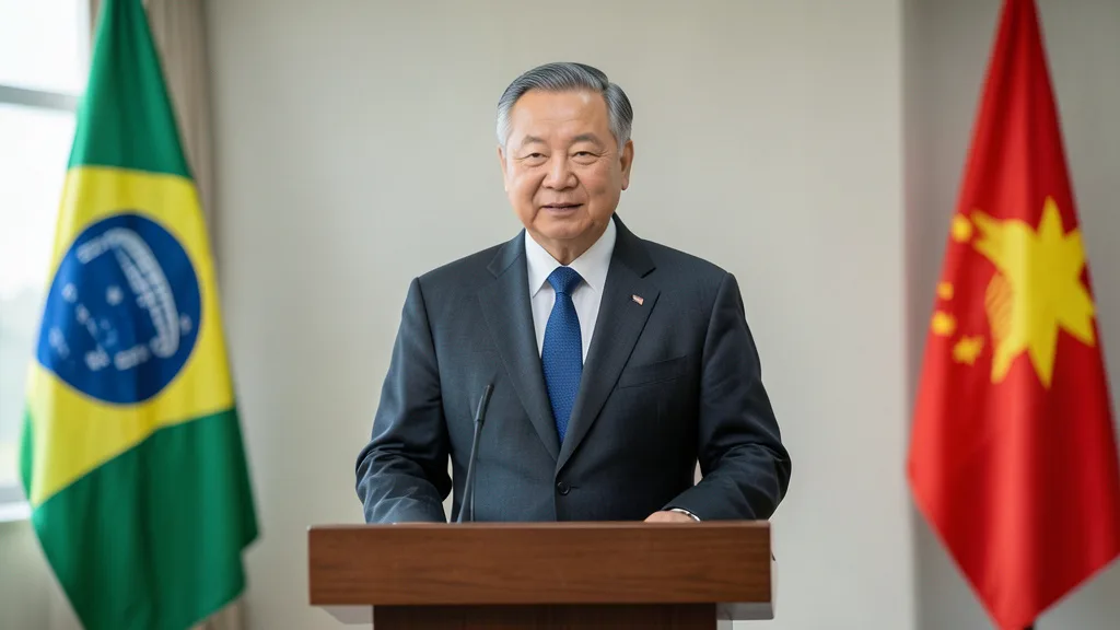 Imagem gerada por IA: Xi Jinping em evento diplomático, com as bandeiras da China e do Brasil ao fundo.