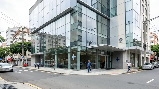 Imagem gerada por IA: Fachada de um edifício corporativo moderno ligado ao setor de saúde.