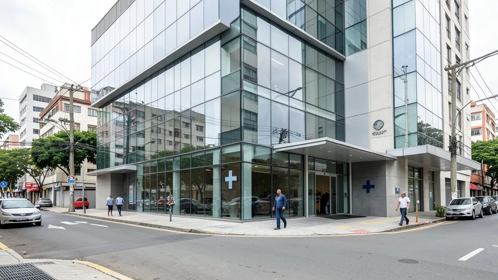 Imagem gerada por IA: Fachada de um edifício corporativo moderno ligado ao setor de saúde.