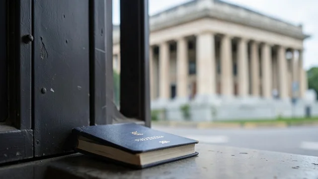 Imagem gerada por IA: Passaporte sobre uma mesa diante de uma porta de tribunal, com colunas desfocadas ao fundo.