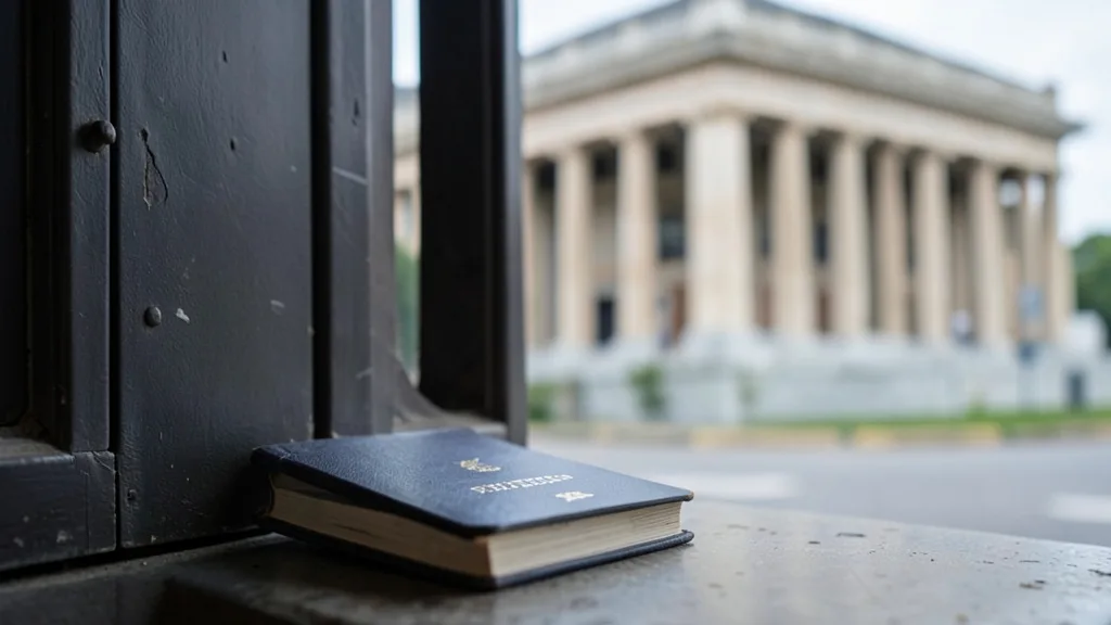 Imagem gerada por IA: Passaporte sobre uma mesa diante de uma porta de tribunal, com colunas desfocadas ao fundo.