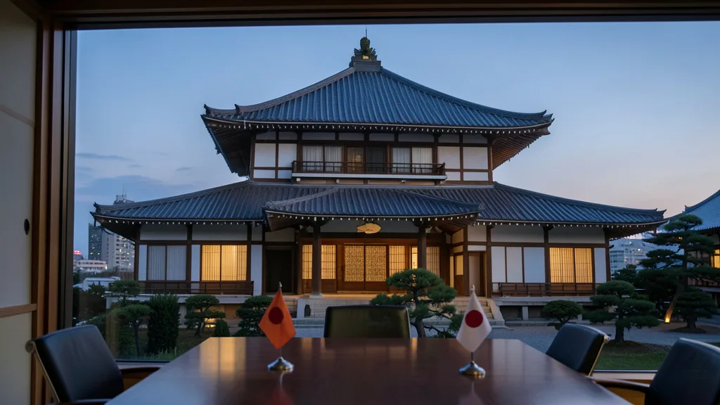 Imagem gerada por IA: Prédio da Dieta Nacional do Japão ao entardecer, com bandeiras sobre uma mesa de reunião.