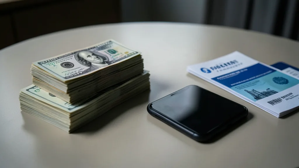 Imagem gerada por IA: Cédulas de dólar, um celular e documentos sobre uma mesa, em referência a uma investigação de lavagem de dinheiro.