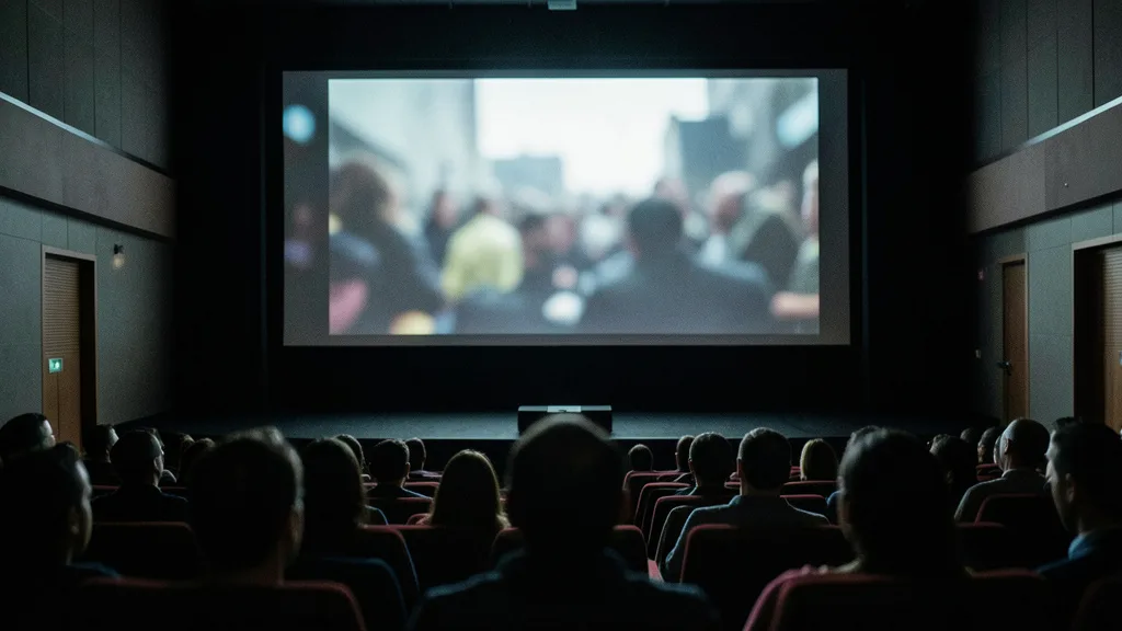Imagem gerada por IA: Sala de cinema durante a exibição de um documentário.