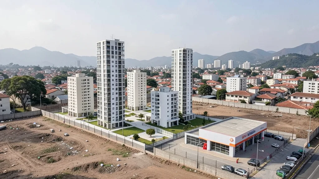 Imagem gerada por IA: Maquete de um empreendimento com torres altas diante de um terreno urbano em Porto Alegre.
