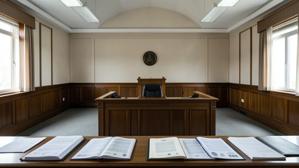 Imagem gerada por IA: Documentos sobre uma bancada vazia em uma sala de tribunal.