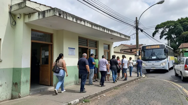 Imagem gerada por IA: Eleitores caminham em direção a um local de votação, com um ônibus ao fundo.