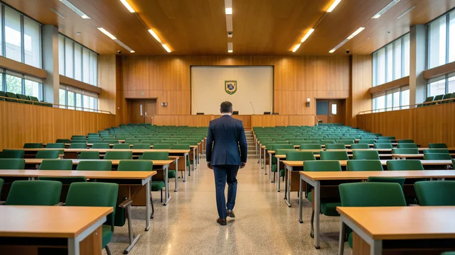 Imagem gerada por IA: Plenário do Senado em Brasília, com um político visto de costas caminhando entre as cadeiras.
