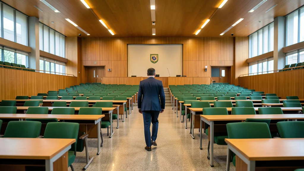 Imagem gerada por IA: Plenário do Senado em Brasília, com um político visto de costas caminhando entre as cadeiras.
