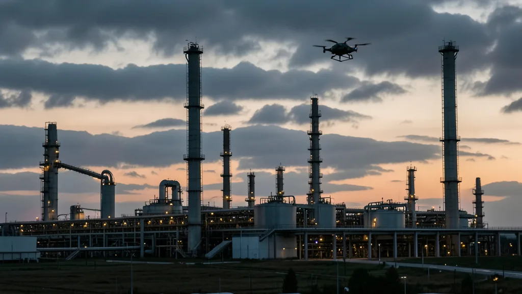 Imagem gerada por IA: Refinaria de petróleo ao entardecer, com um drone visível no céu.