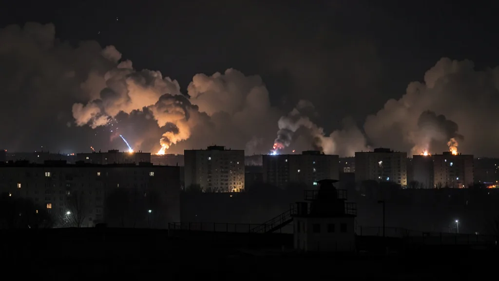 Imagem gerada por IA: Céu noturno sobre Kiev iluminado por clarões distantes, com uma instalação de defesa aérea em primeiro plano.