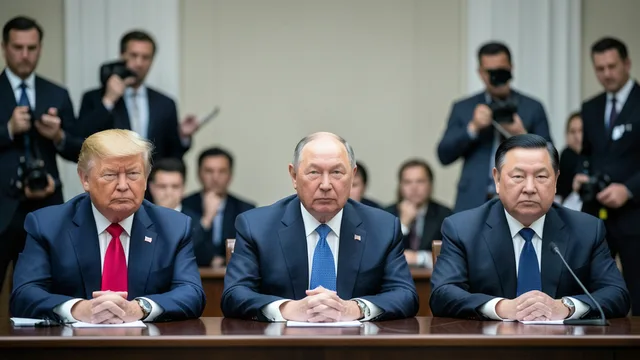 Imagem gerada por IA: Trump, Putin e Xi Jinping sentados em uma reunião diplomática.