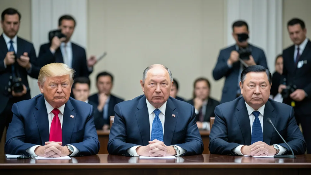 Imagem gerada por IA: Trump, Putin e Xi Jinping sentados em uma reunião diplomática.