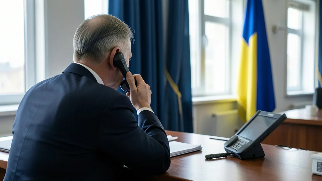 Imagem gerada por IA: Líder ucraniano conversa por telefone em um escritório oficial.