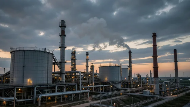 Imagem gerada por IA: Instalação de uma refinaria de petróleo com tanques e chaminés sob um céu nublado.