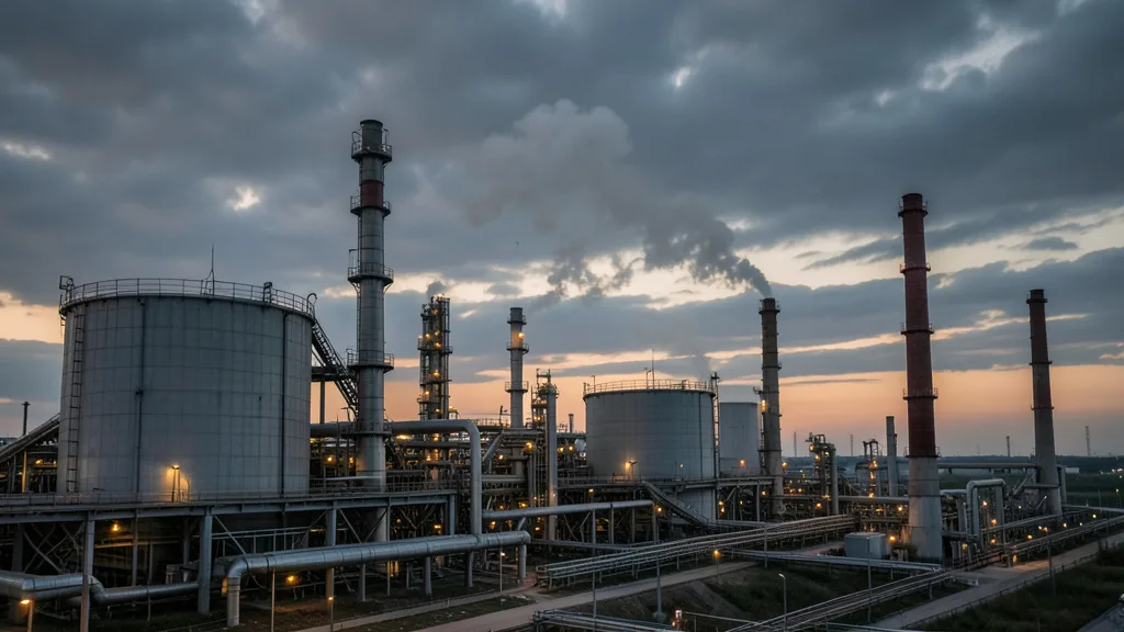 Imagem gerada por IA: Instalação de uma refinaria de petróleo com tanques e chaminés sob um céu nublado.