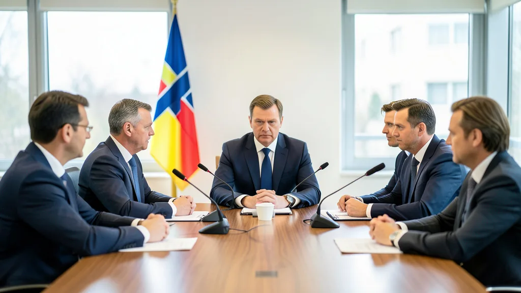 Imagem gerada por IA: Zelensky participa de uma reunião diplomática com autoridades em uma sala de conferências em Oslo.
