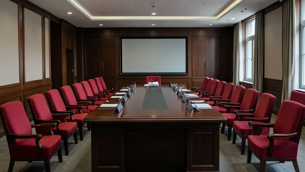 Imagem gerada por IA: Sala de reunião formal em Pequim, com cadeiras alinhadas ao redor de uma mesa central.