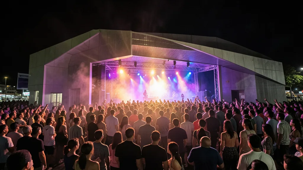 Imagem gerada por IA: Público chega a uma casa de shows em São Paulo durante a noite.