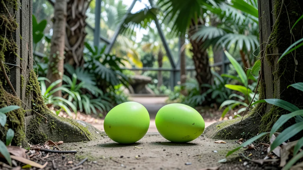 Imagem gerada por IA: Dois ovos verde-limão de casuar em meio à vegetação de um recinto de zoológico.