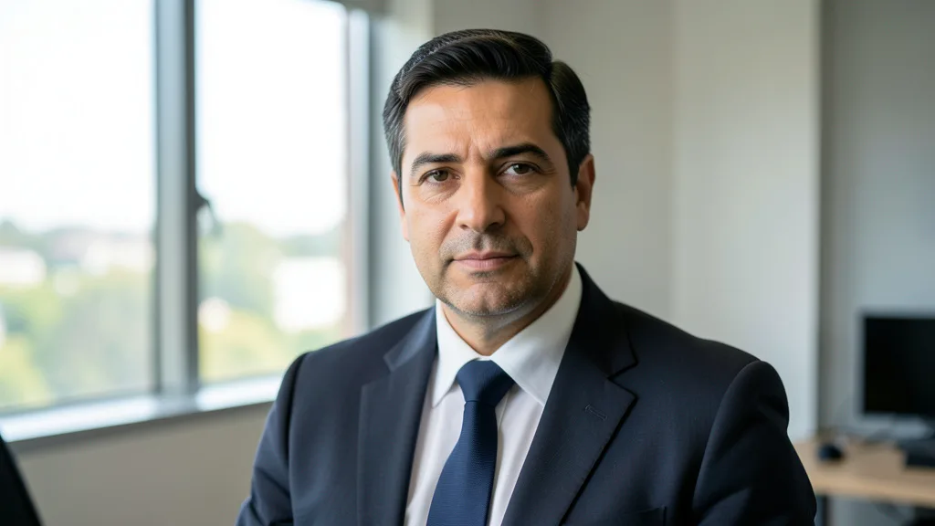Imagem gerada por IA: Luciano Zucco em um ambiente de trabalho, em retrato sóbrio.