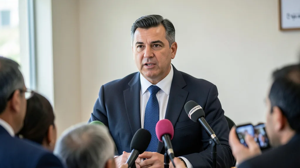 Imagem gerada por IA: Governador eleito fala em coletiva diante de microfones e jornalistas.