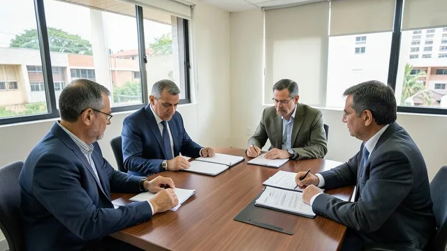 Imagem gerada por IA: Pessoas genéricas participam de uma reunião de transição em um escritório de governo.